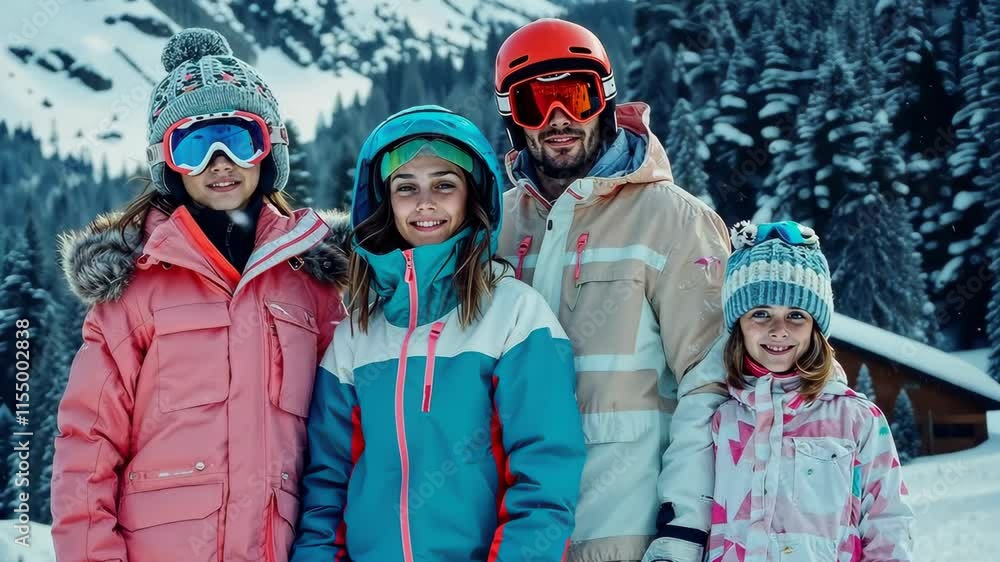 Family Ski Trip: A heartwarming image of a family, including two young girls, smiles brightly while on a ski trip, capturing the essence of winter adventure and family togetherness. Family Ski Trip: A heartwarming image of a family, including two young girls, smiles brightly while on a ski trip, capturing the essence of winter adventure and family togetherness.