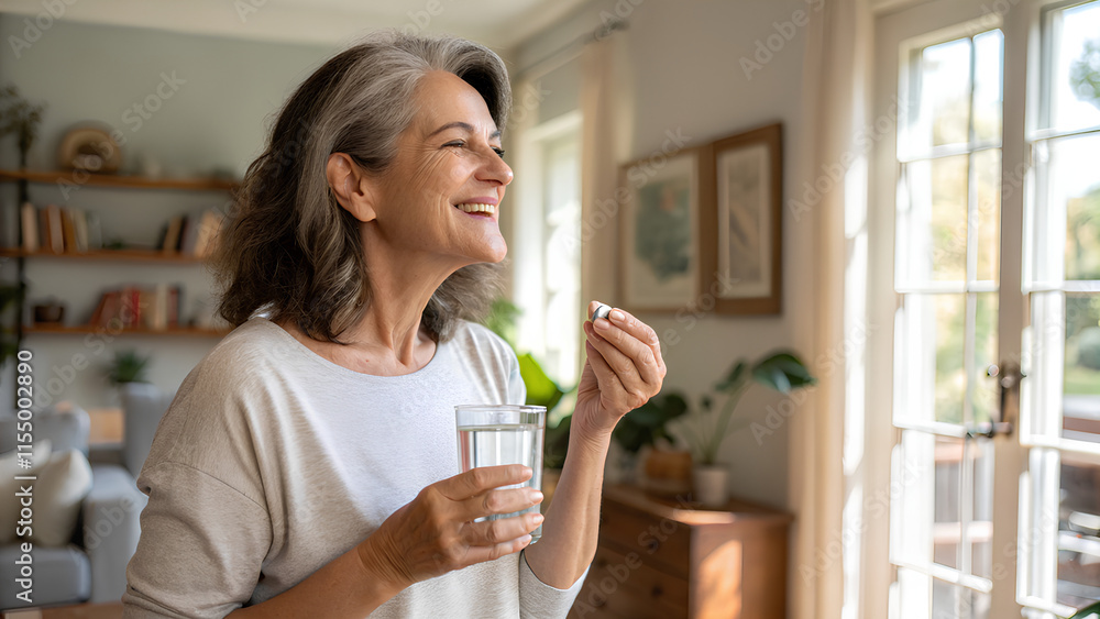 Happy healthy old woman talking pill holding glass of water Happy healthy old woman talking pill holding glass of water