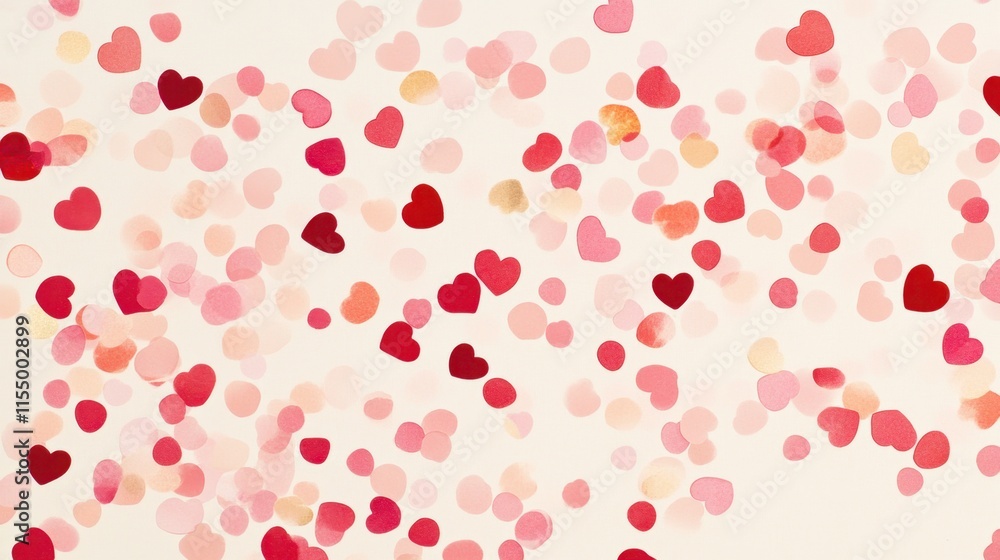 A light beige background with pastel pink and red heart-shaped confetti scattered. A light beige background with pastel pink and red heart-shaped confetti scattered.