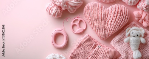 Assorted baby shower gifts in pink, including a heart, pacifier, and baby clothes, displayed on a pastel background, perfect for a sweet and loving atmosphere photo