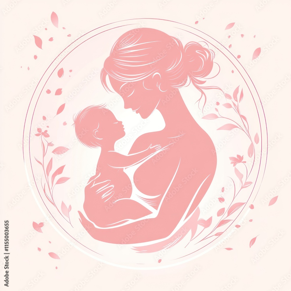 Mother and baby silhouette, tender love, soft pink hues, circular frame, floral design. Mother and baby silhouette, tender love, soft pink hues, circular frame, floral design.
