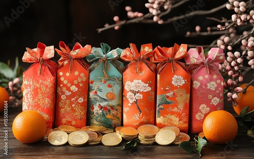 Chinese New Year decorations featuring red envelopes, gold coins, oranges, and blossoms on a red background, creating a festive atmosphere of good fortune and celebration photo