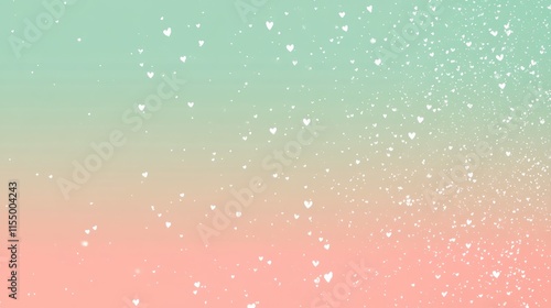 A pastel green and pink gradient background with small, scattered white hearts