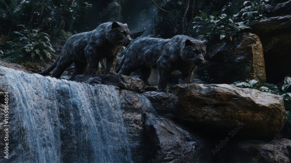 Fototapeta premium Two Mysterious Creatures Stalking Near a Waterfall Surrounded by Lush Greenery in a Dense Jungle Environment
