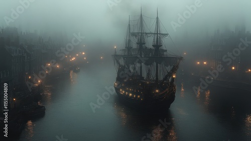 Wallpaper Mural A mysterious ship navigates through a foggy canal, illuminated by soft lights. Torontodigital.ca