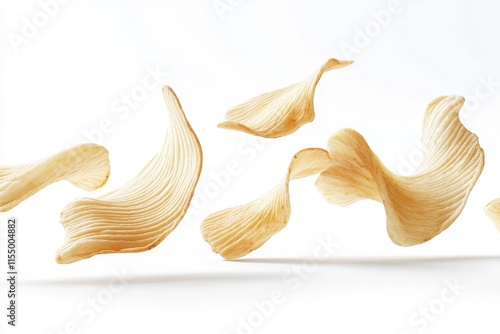 Several wavy potato chips floating on white.