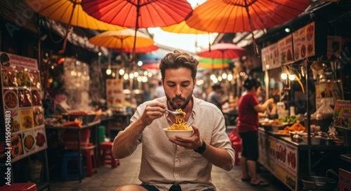 Man Eats Noodles at a Vibrant Night Market