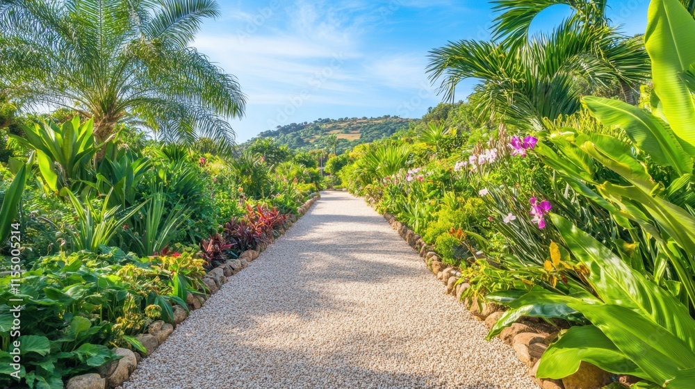 Scenic Pathway Through Lush Tropical Garden with Vibrant Flora Scenic Pathway Through Lush Tropical Garden with Vibrant Flora