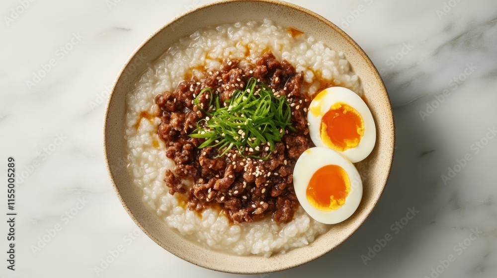 Savory rice porridge with beef, green onion, and soft boiled eggs Savory rice porridge with beef, green onion, and soft boiled eggs
