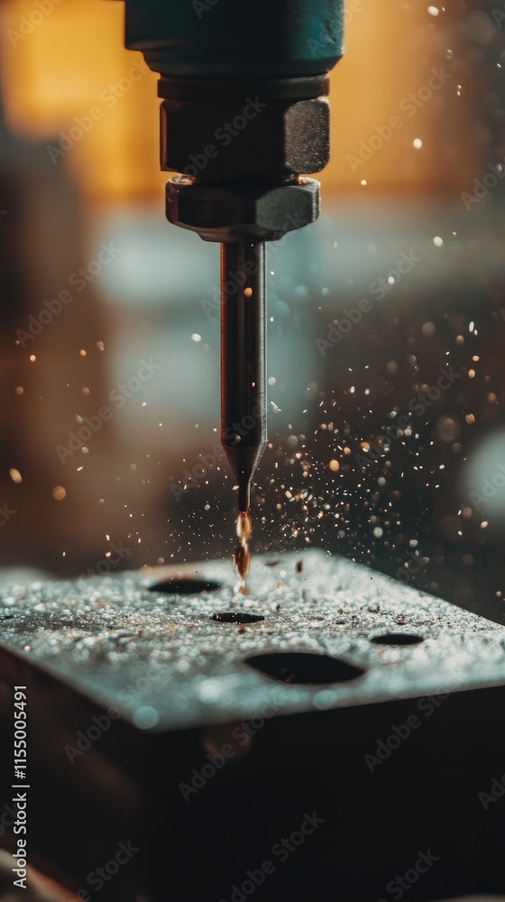 A close-up of a drill bit in action, creating metal shavings from a workpiece. A close-up of a drill bit in action, creating metal shavings from a workpiece.