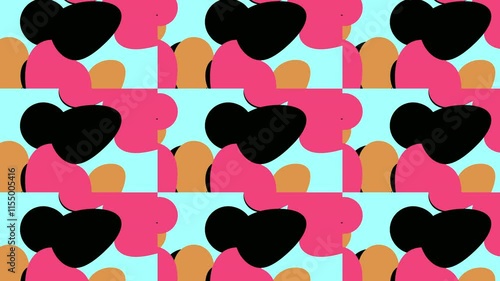 Pink, black, and orange shapes create a vibrant pattern on a light blue background. Suitable for modern and abstract designs