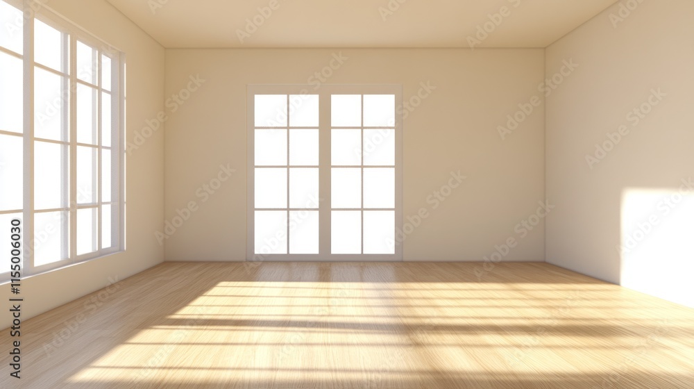 Fototapeta premium Empty room with sunlight streaming through large windows and hardwood floor.