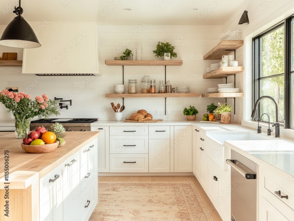 Fototapeta premium Bright Modern Farmhouse Kitchen Island and Shelving