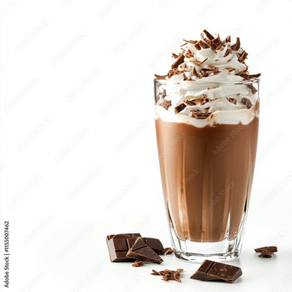 Rich chocolate milkshake in a glass. Featuring chocolate sprinkles and whipped cream Rich chocolate milkshake in a glass. Featuring chocolate sprinkles and whipped cream