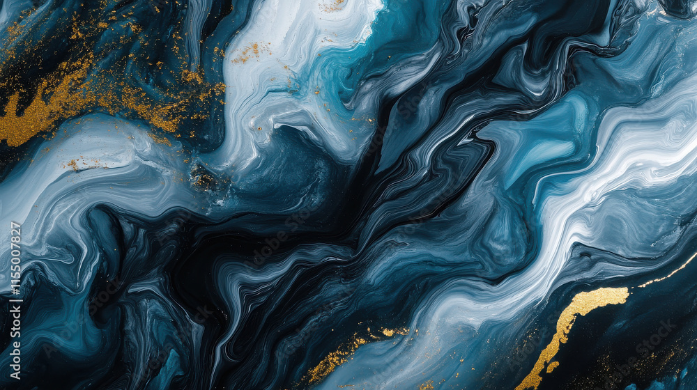 Abstract swirling patterns in blue, white, and gold, creating a fluid art effect. Abstract swirling patterns in blue, white, and gold, creating a fluid art effect.