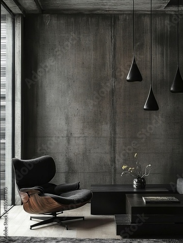 Modern Living Room Design With Concrete Wall And Lounge Chair