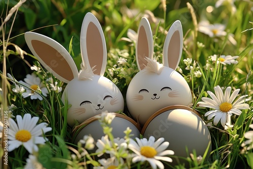 Charming Easter Bunnies are joyfully nestled in a vibrant flowerfilled field, radiating cheer and capturing the essence of spring, creating a perfect festive scene for everyone to enjoy photo