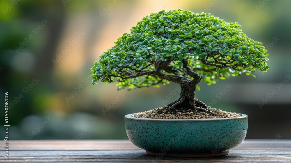 A vibrant bonsai tree in a decorative pot. A vibrant bonsai tree in a decorative pot.