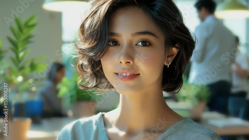 Wallpaper Mural Portrait of a young woman in a sunny office. Close-up of a young woman with short hair posing in a modern office with natural lighting.  Torontodigital.ca
