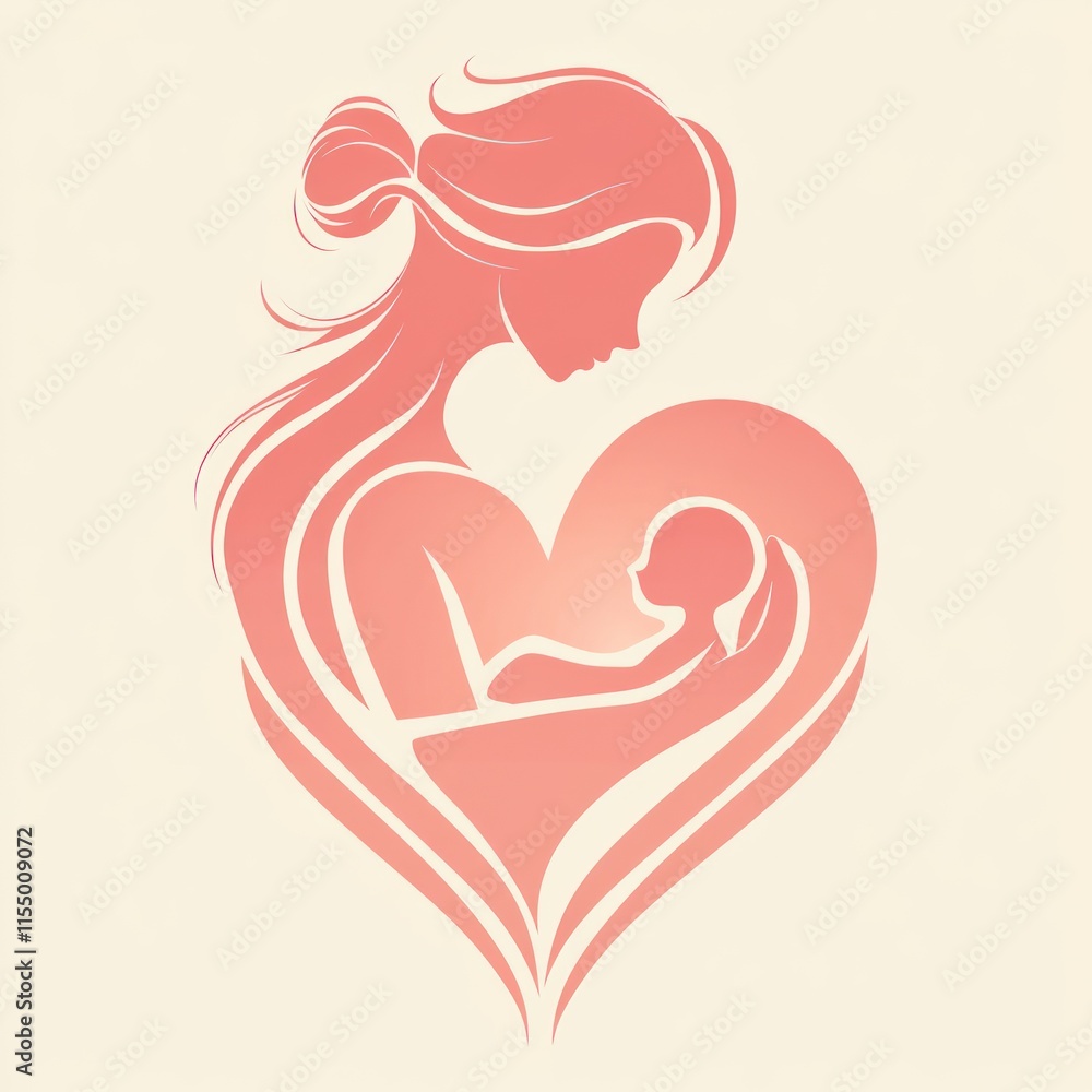 Tender mother and baby, within a heart-shaped design, in a soft pink silhouette. Tender mother and baby, within a heart-shaped design, in a soft pink silhouette.