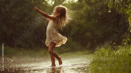 Fototapeta Naklejka Na Ścianę i Meble -  Happy girl dancing barefoot in rain puddle.