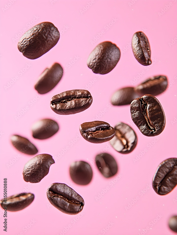 Coffee beans falling on a pink background Coffee beans falling on a pink background