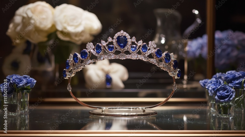 Elegant tiara with blue gemstones on a reflective surface Elegant tiara with blue gemstones on a reflective surface