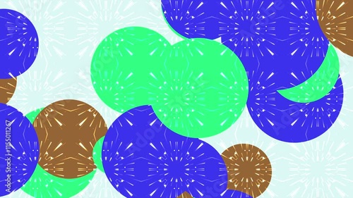 Overlapping circles with blue green and brown kaleidoscopic patterns, ideal for abstract backgrounds, branding designs, and psychedelic art projects