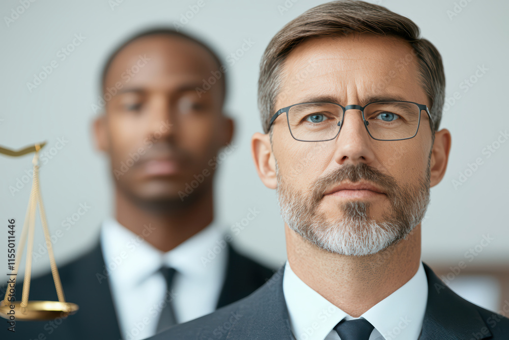 lawyer with glasses and beard stands confidently, with colleague behind him, symbolizing legal expertise and professionalism lawyer with glasses and beard stands confidently, with colleague behind him, symbolizing legal expertise and professionalism