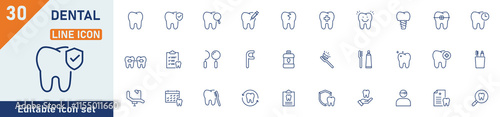 Dental line icon set. Set of 30 outline icons related to dental care, dental, tooth, dentist, medicine, treatment, dentistry, toothbrush, toothpaste and others. Editable stroke. Vector illustration.