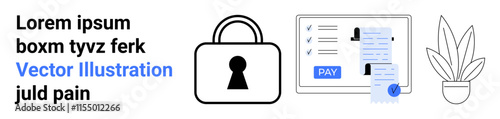 Keypad with lock symbol alongside a secure online payment interface, checklists, and a plant in a pot. Ideal for cybersecurity, online transactions, data privacy, user experience, financial security