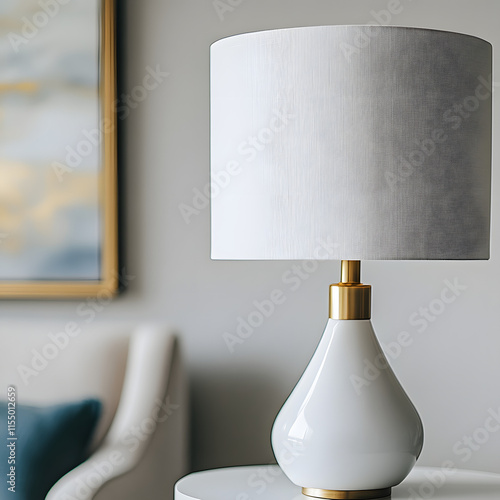 designer table lamp with white lampshade and brass accents, positioned with a modern living room photo