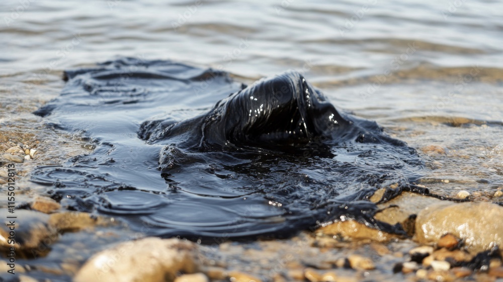Fototapeta premium Oil Spill on Rocky Shore with Dramatic Natural Lighting
