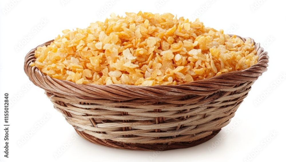 Golden, crispy, fried onion pieces in a wicker bowl isolated on white. Golden, crispy, fried onion pieces in a wicker bowl isolated on white.