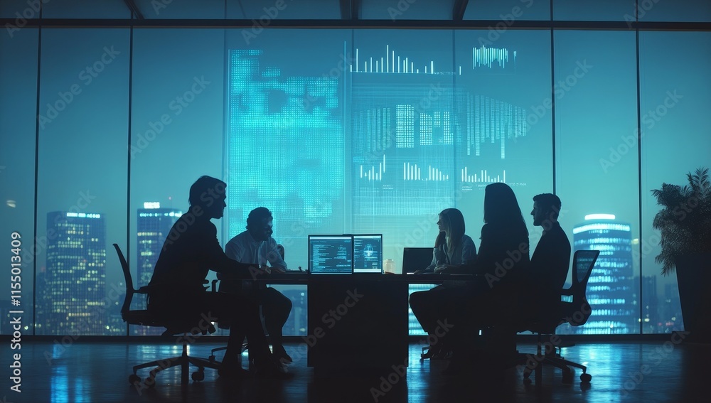 Silhouetted business team working late, analyzing data on large screen, city view. Silhouetted business team working late, analyzing data on large screen, city view.