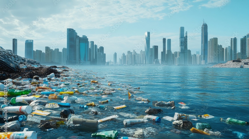 Obraz premium Pollution Impact on Coastal City Environment