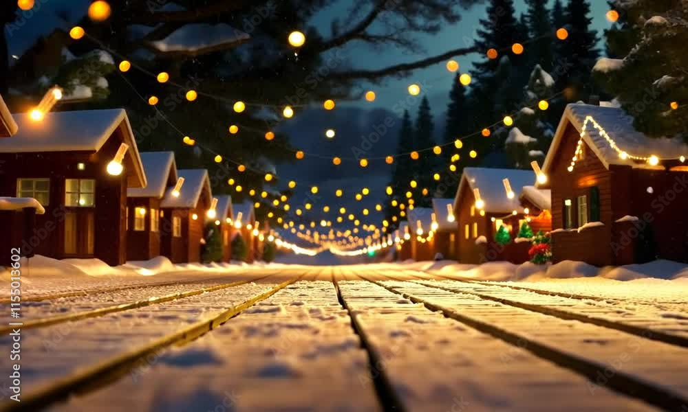 Enchanting winter street adorned with glowing lights, cozy cabins, and a serene snowy pathway under a starry night sky. Enchanting winter street adorned with glowing lights, cozy cabins, and a serene snowy pathway under a starry night sky.
