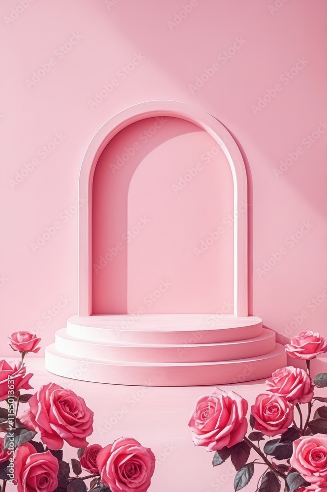 Pink roses and a pastel pink podium platform on a pastel background. Pink roses and a pastel pink podium platform on a pastel background.