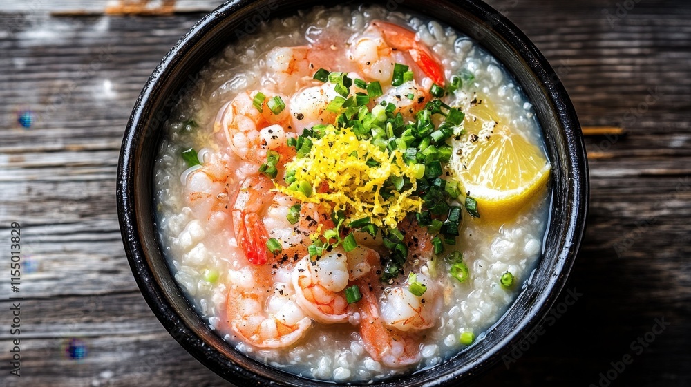 Delicious Shrimp Congee with Fresh Ingredients and Lemon Slice Delicious Shrimp Congee with Fresh Ingredients and Lemon Slice