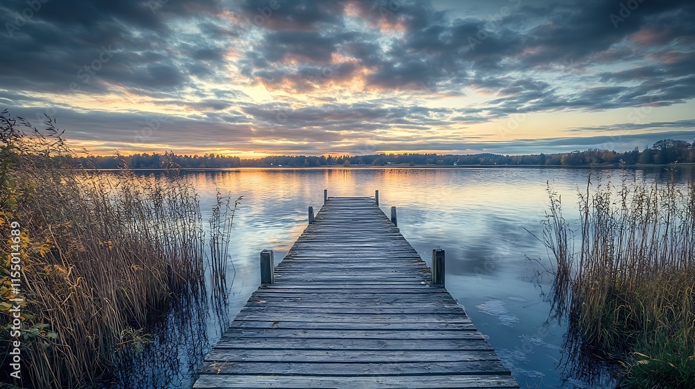 Fototapeta premium Serene Sunset Lake Pier