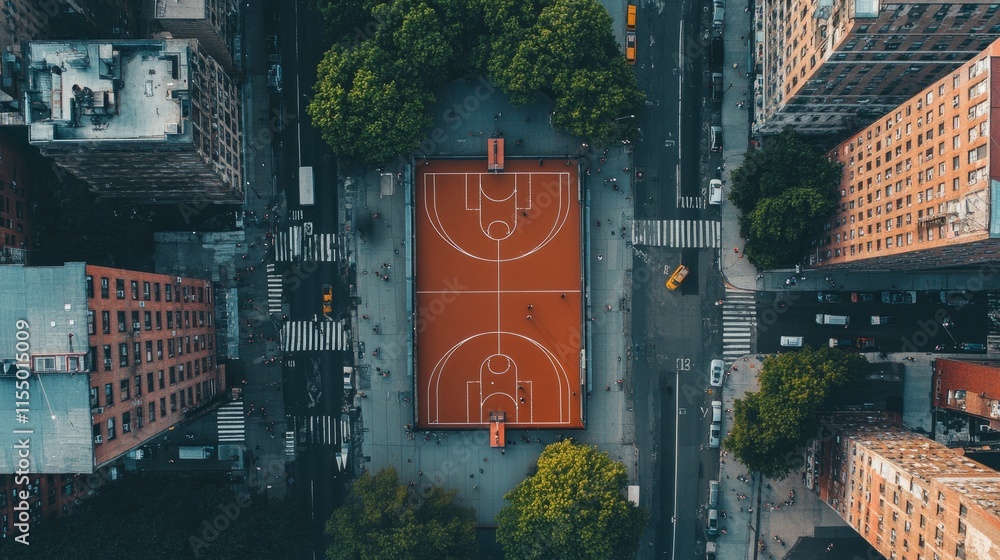 Obraz premium Aerial image of a basketball court nestled between city streets, highlighting its integration into urban life