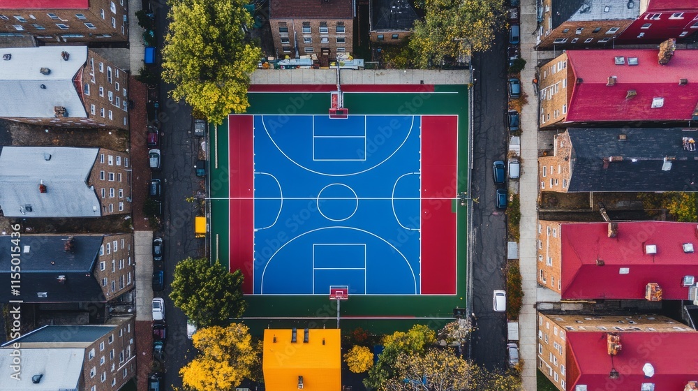 Obraz premium Aerial perspective on a community basketball court, with vibrant colors and an urban backdrop of streets and homes