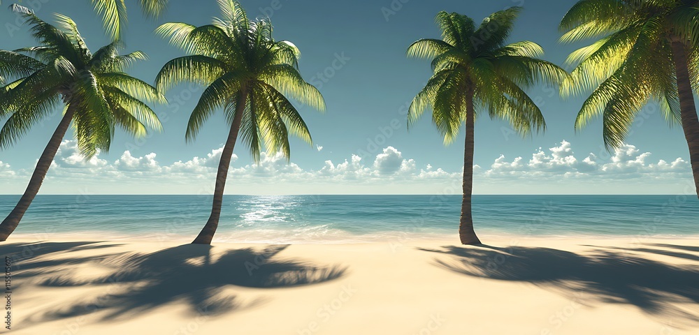Obraz premium Coconut tree silhouettes casting shadows on sandy beach with a serene atmosphere