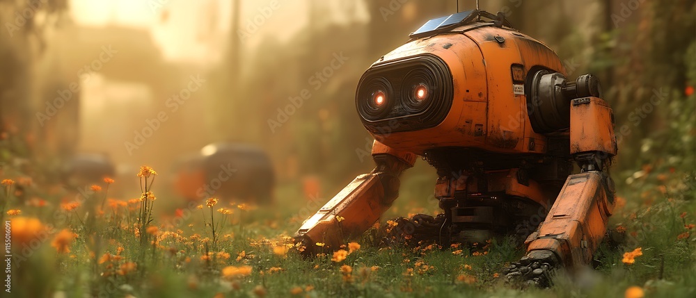 Orange robot in a field of flowers. Orange robot in a field of flowers.