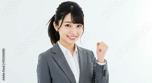 Motivated Young Japanese Businesswoman in Her 20s with a High Ponytail Making a Victory Fist Gesture photo