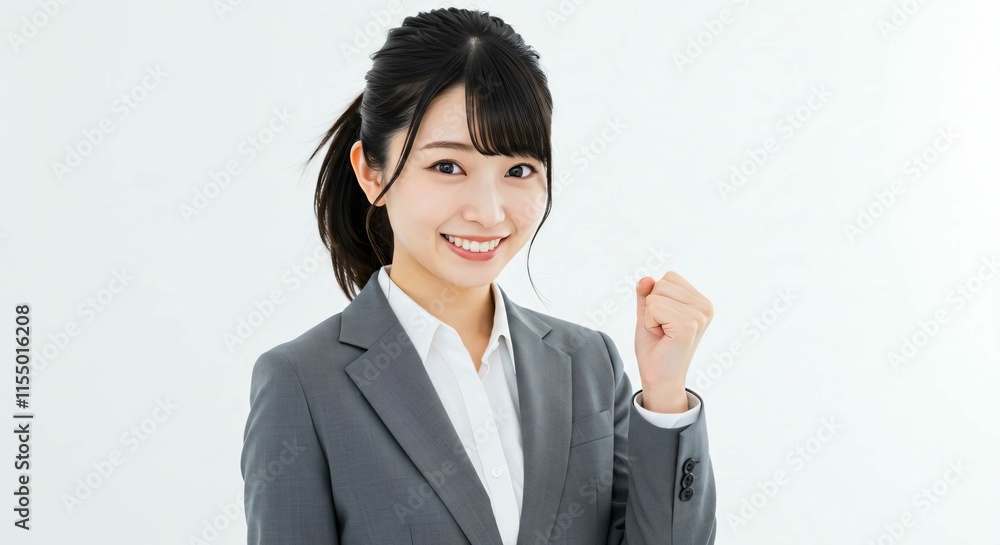 Motivated Young Japanese Businesswoman in Her 20s with a High Ponytail Making a Victory Fist Gesture Motivated Young Japanese Businesswoman in Her 20s with a High Ponytail Making a Victory Fist Gesture