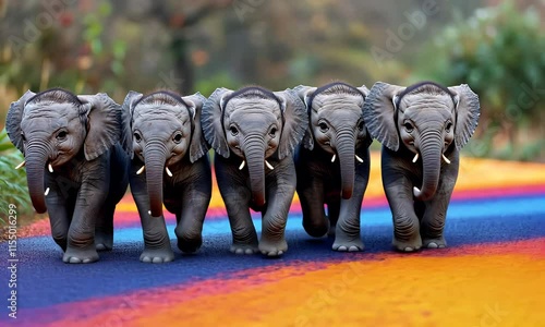 elephants walking in the colorful road