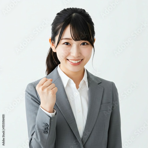 Motivated Young Japanese Businesswoman in Her 20s with a High Ponytail Making a Victory Fist Gesture photo