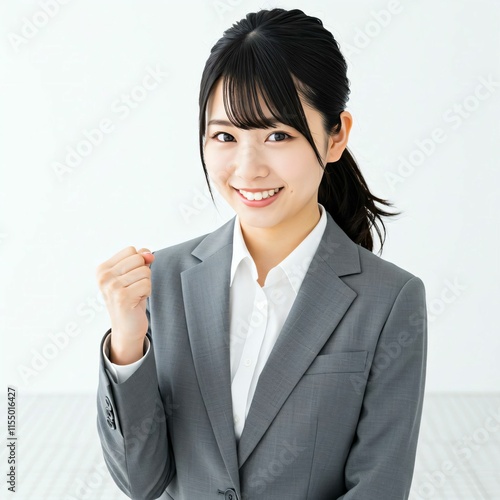 Motivated Young Japanese Businesswoman in Her 20s with a High Ponytail Making a Victory Fist Gesture photo