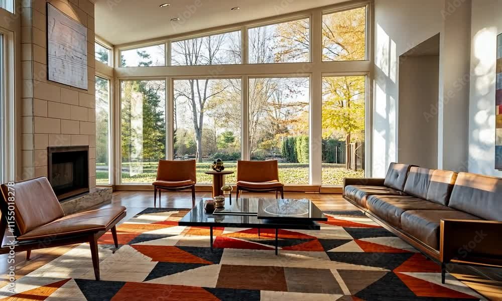 A modern living room with large windows, stylish furniture, and a geometric rug. A modern living room with large windows, stylish furniture, and a geometric rug.